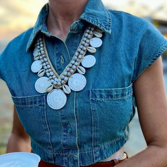 Twine & Twig Cowrie Collar Beaded Shells Necklace Womens Suede Strap Cream Beads - Picture 1 of 14